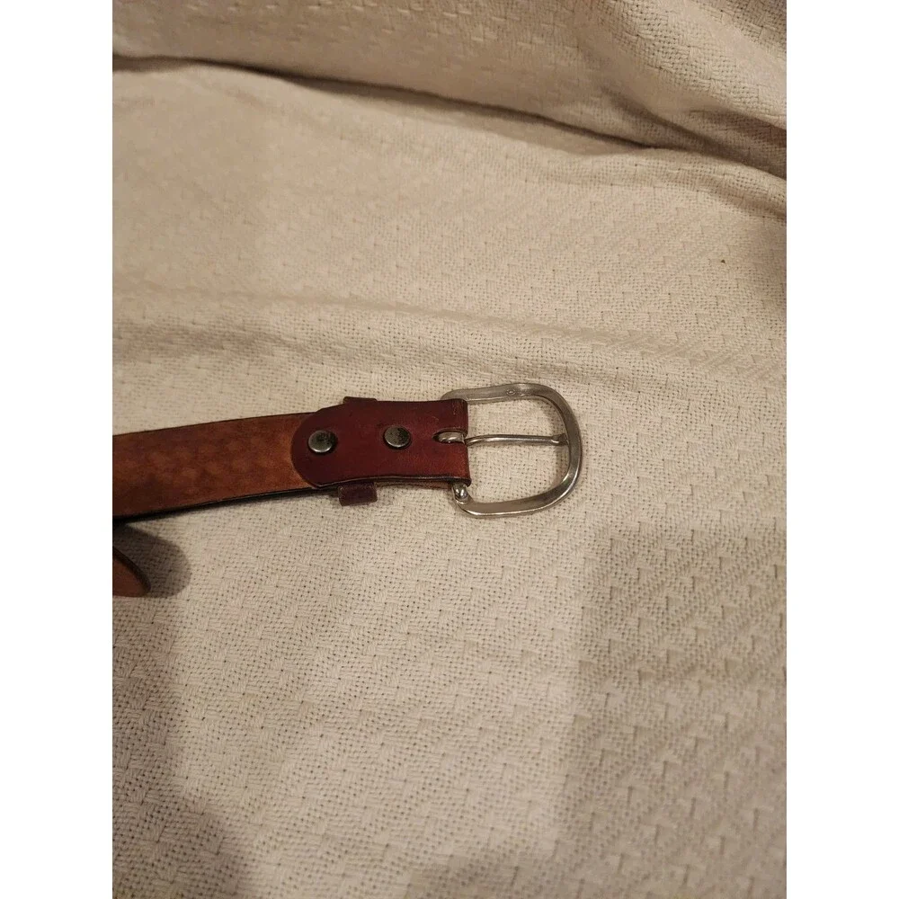 Brown Leather Belt Basket Weave Pattern Silver Buckle Good Usable Men 37